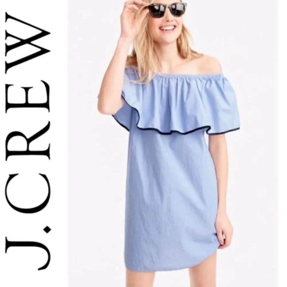 J. Crew Light Blue Chambray Ruffle Off Shoulder Dress Sz S